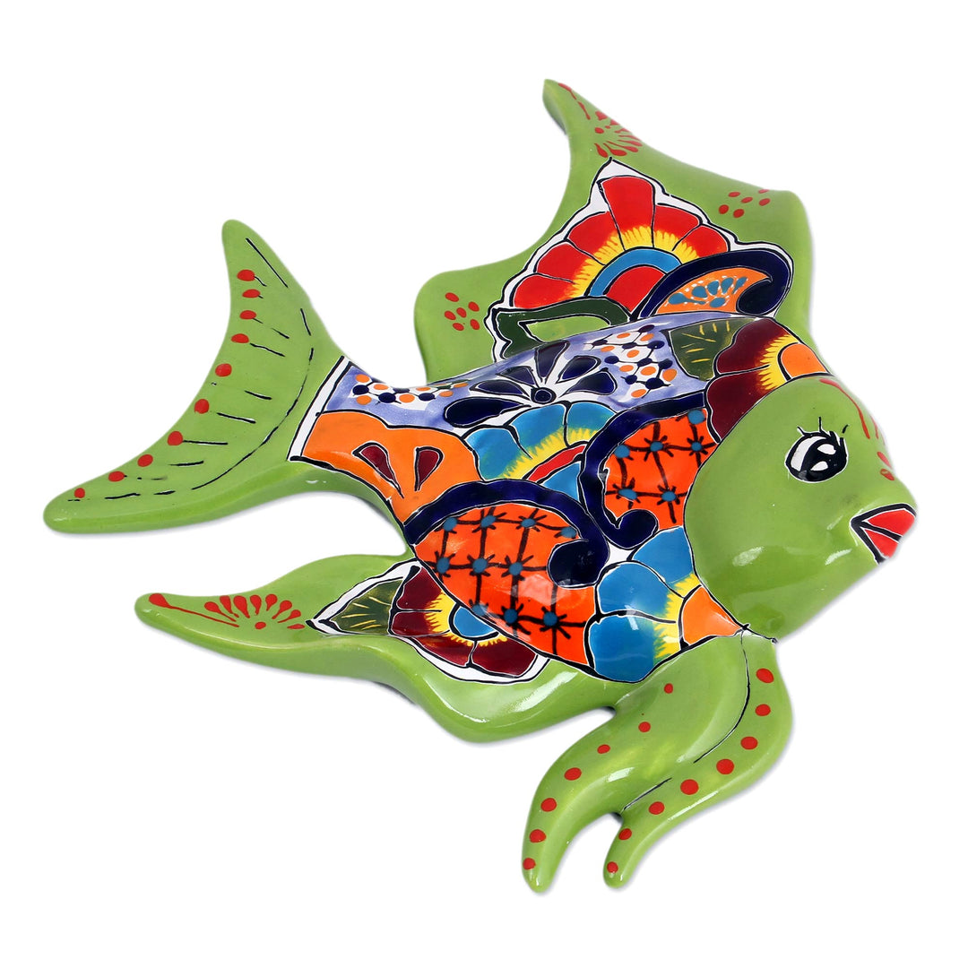 Hand-Painted Ceramic Fish Wall Sculpture from Mexico - Green Angelfish