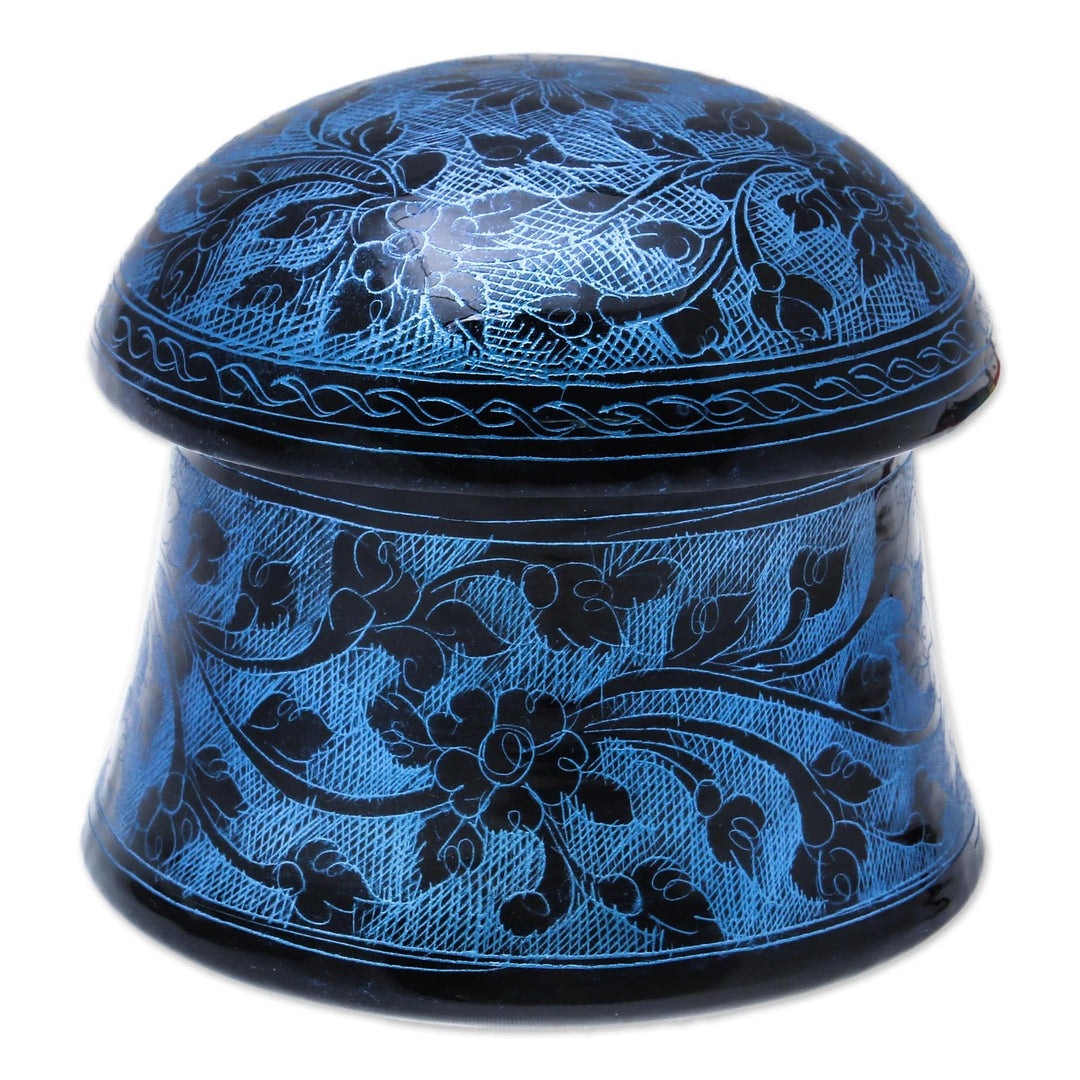 Lacquerware Mango Wood Decorative Box in Blue from Thailand - Floral Mushroom in Blue