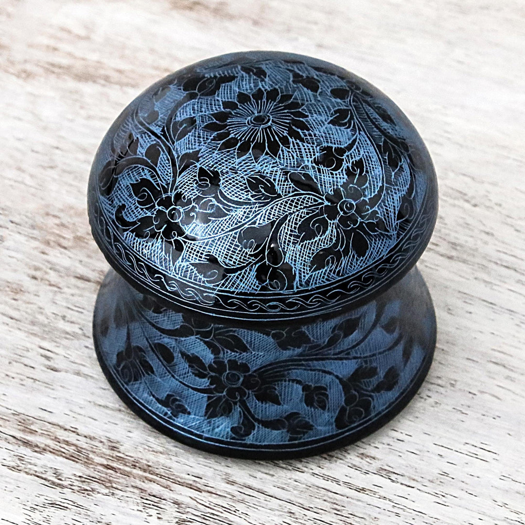 Lacquerware Mango Wood Decorative Box in Blue from Thailand - Floral Mushroom in Blue