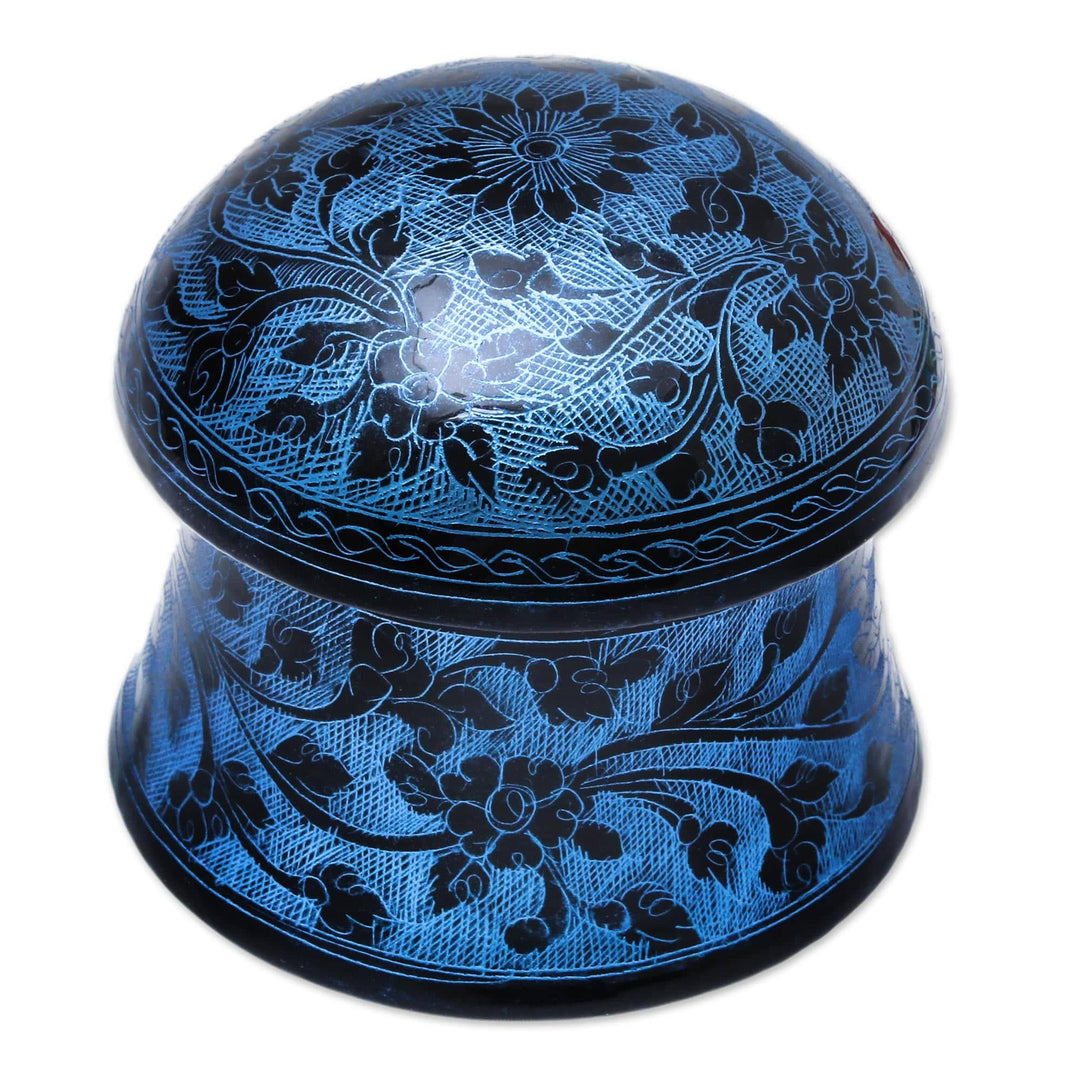 Lacquerware Mango Wood Decorative Box in Blue from Thailand - Floral Mushroom in Blue