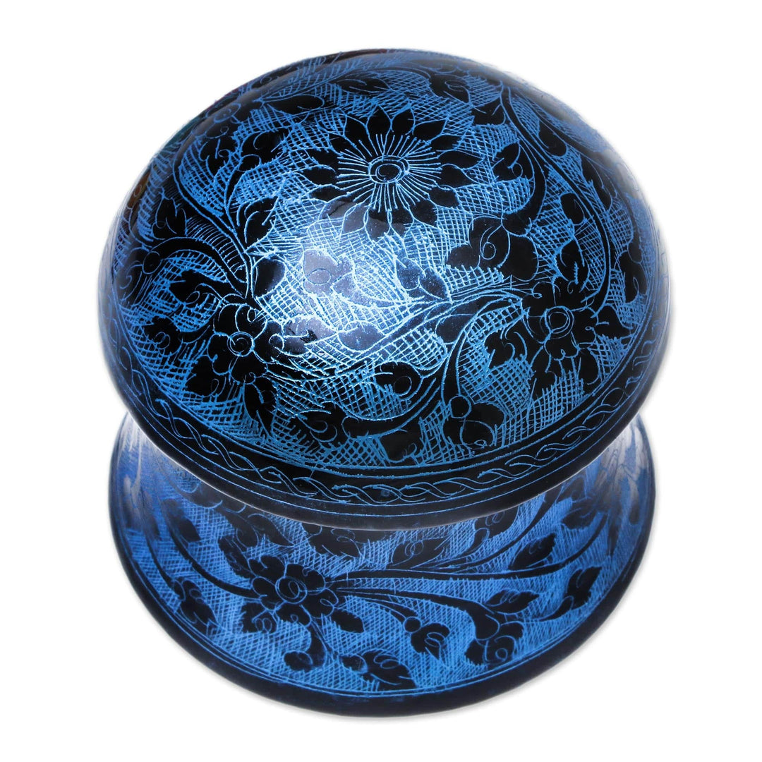 Lacquerware Mango Wood Decorative Box in Blue from Thailand - Floral Mushroom in Blue