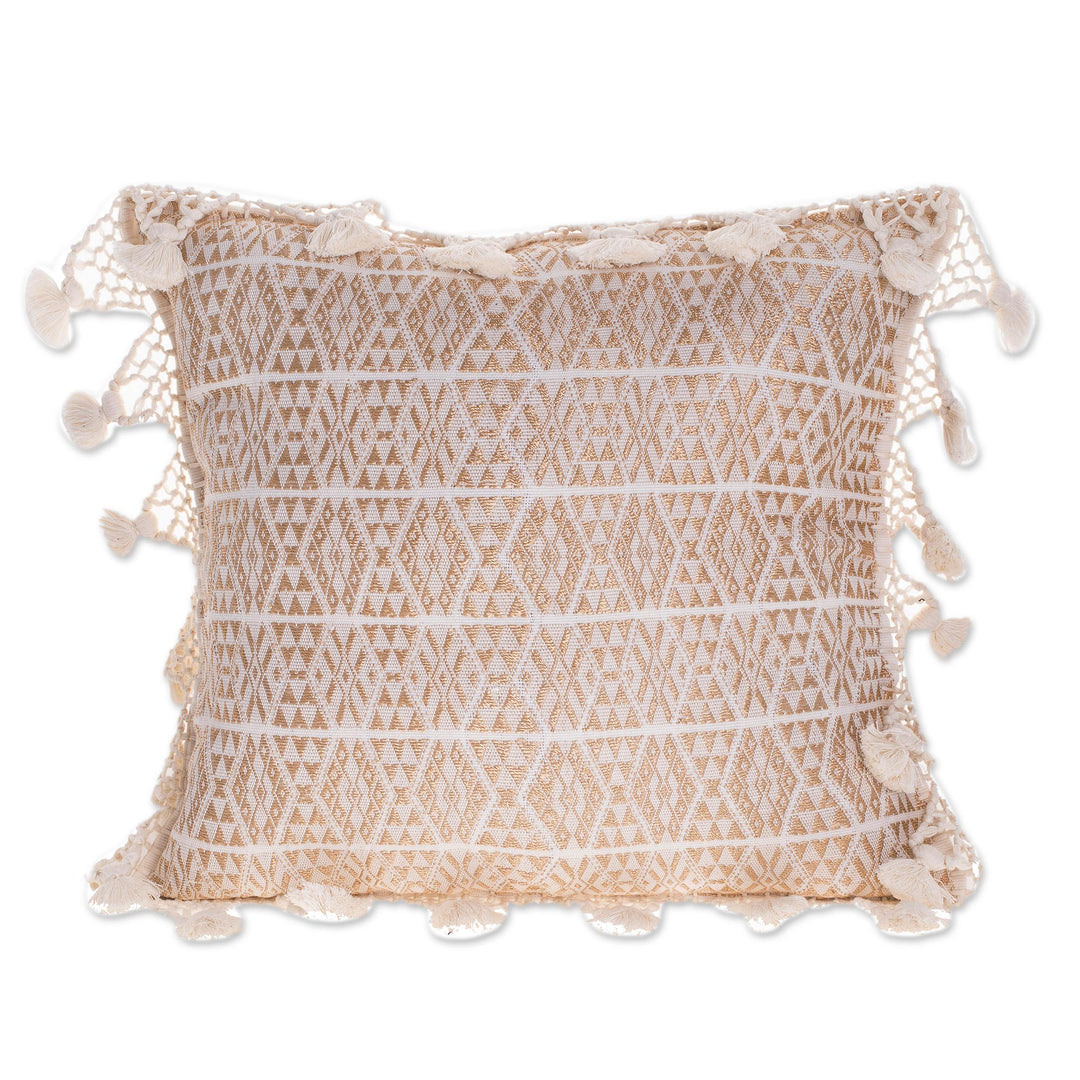 Handwoven Geometric Cotton Cushion Cover in Eggshell - Traditional Motifs in Eggshell