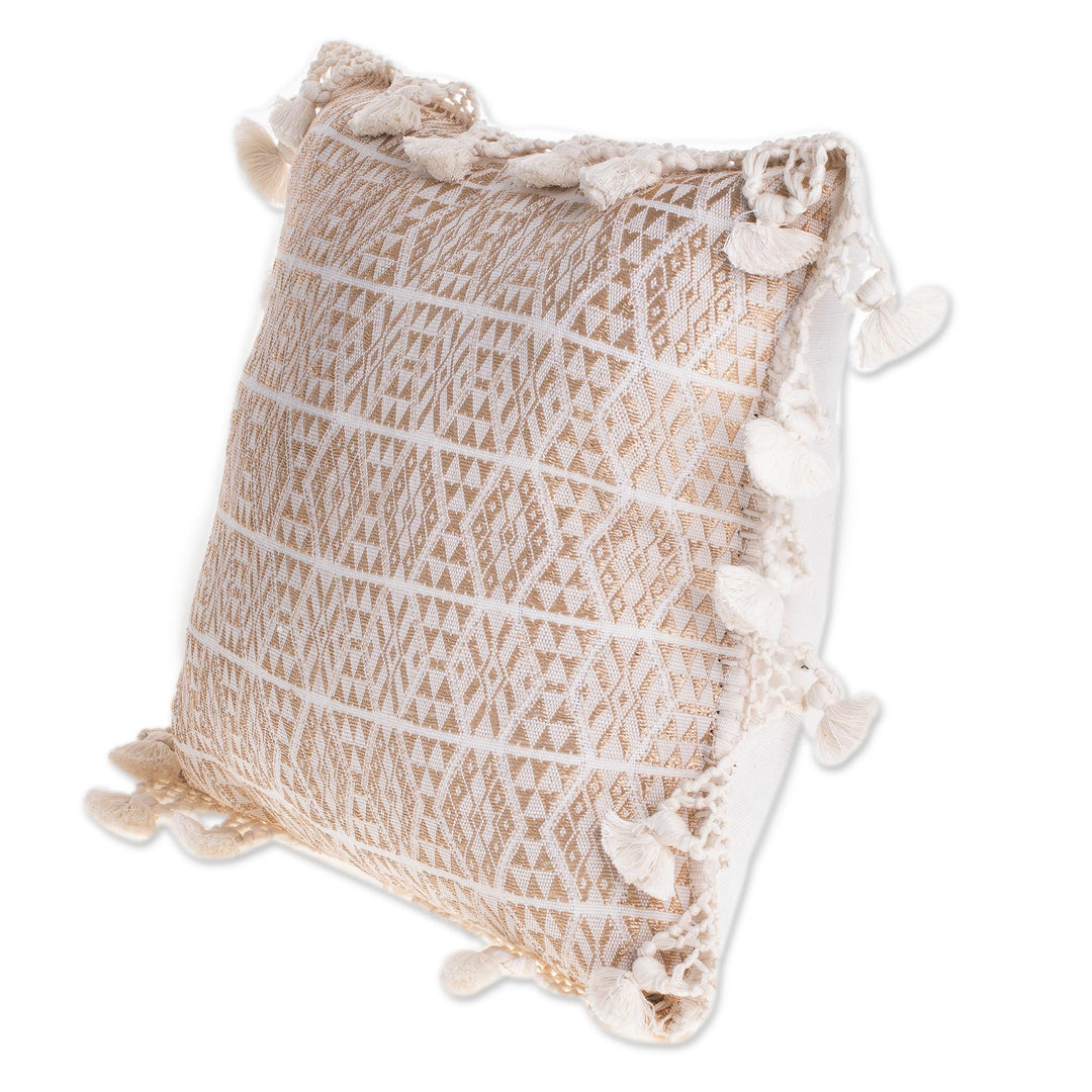 Handwoven Geometric Cotton Cushion Cover in Eggshell - Traditional Motifs in Eggshell