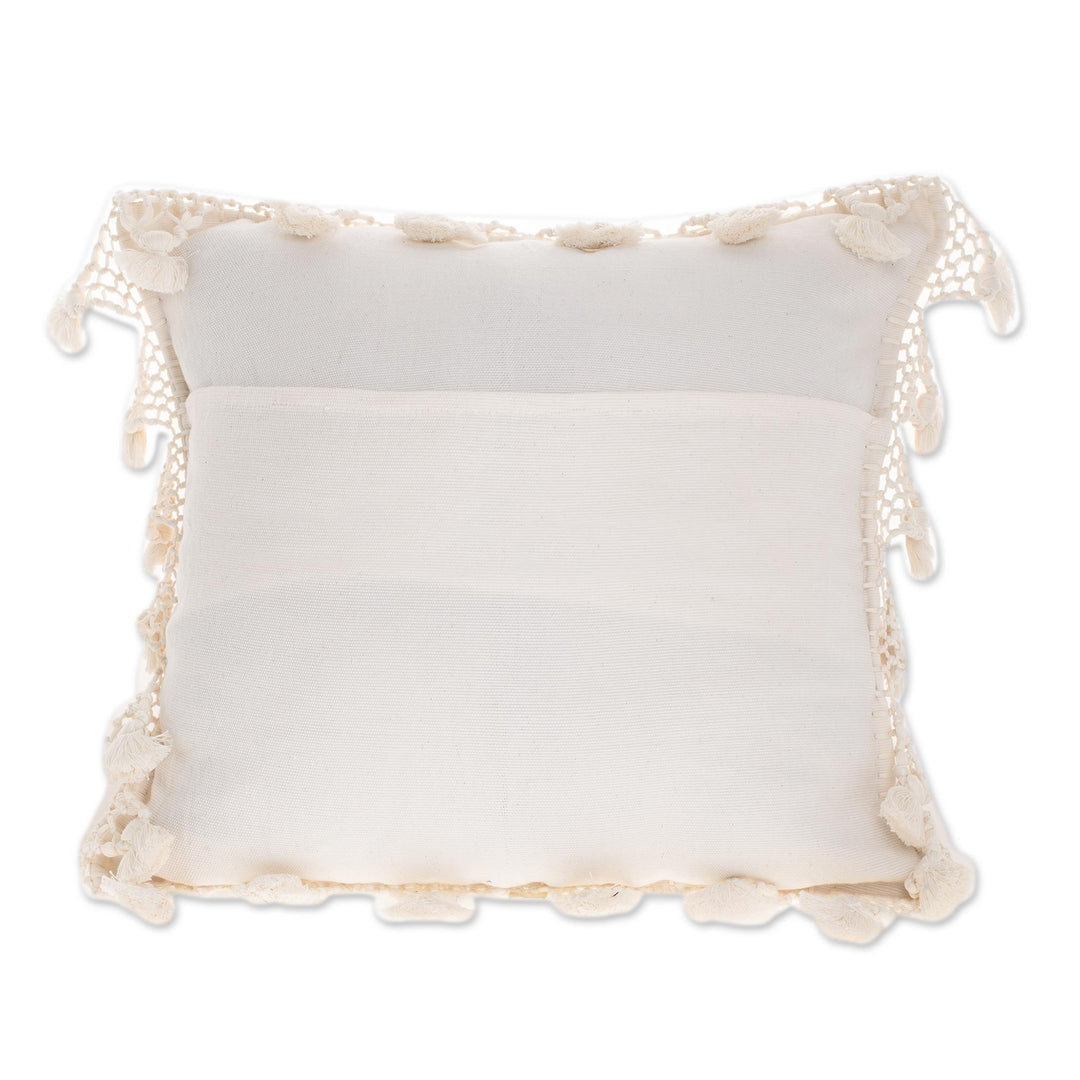 Handwoven Geometric Cotton Cushion Cover in Eggshell - Traditional Motifs in Eggshell