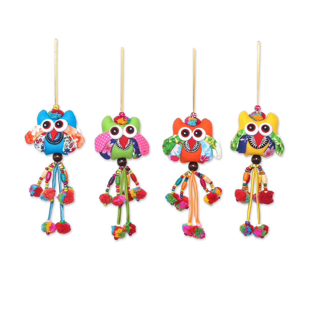 Colorful Cotton Owl Ornaments from Thailand (Set of 4) - Owl Color