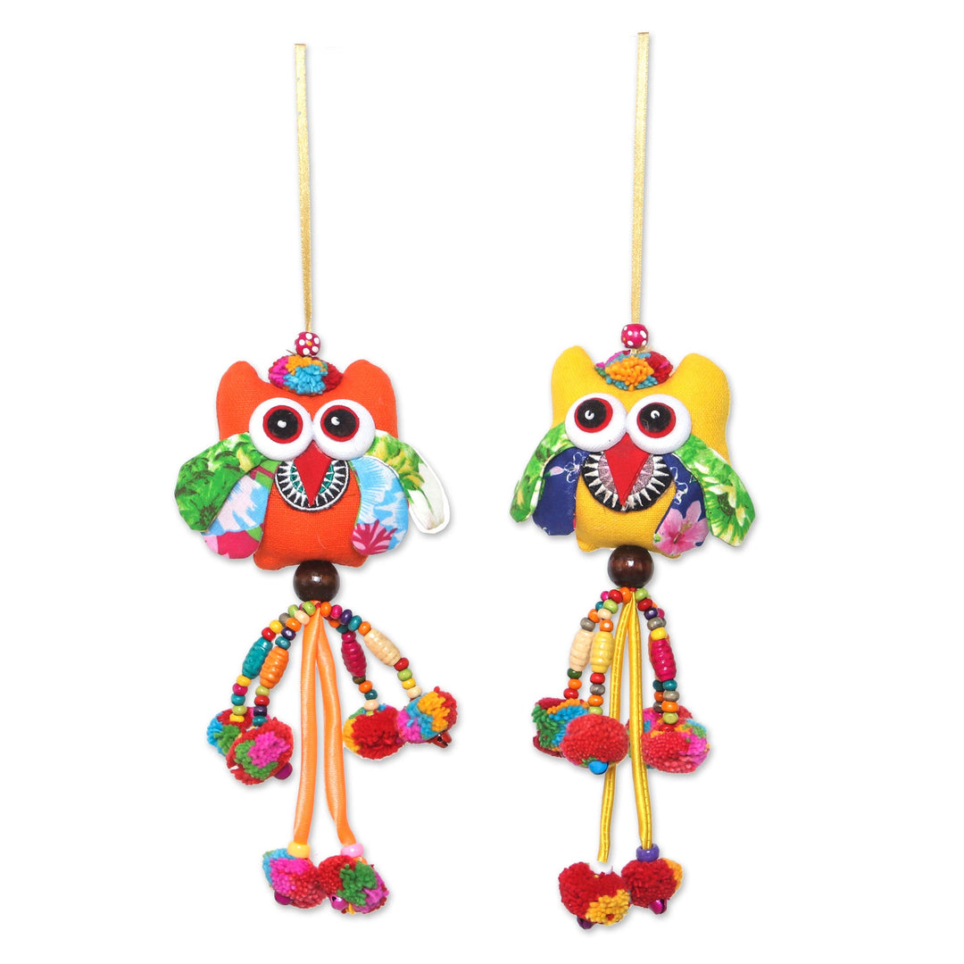 Colorful Cotton Owl Ornaments from Thailand (Set of 4) - Owl Color