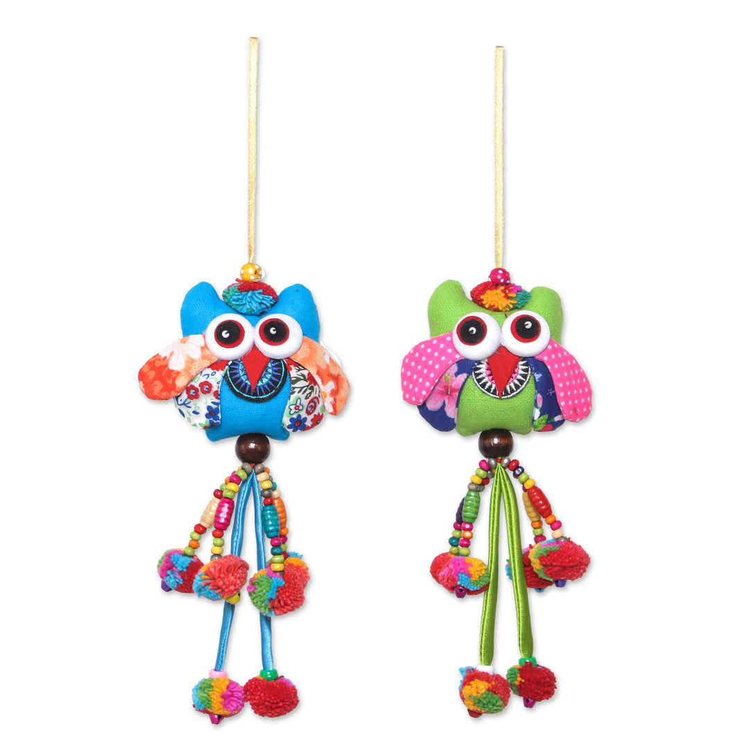 Colorful Cotton Owl Ornaments from Thailand (Set of 4) - Owl Color