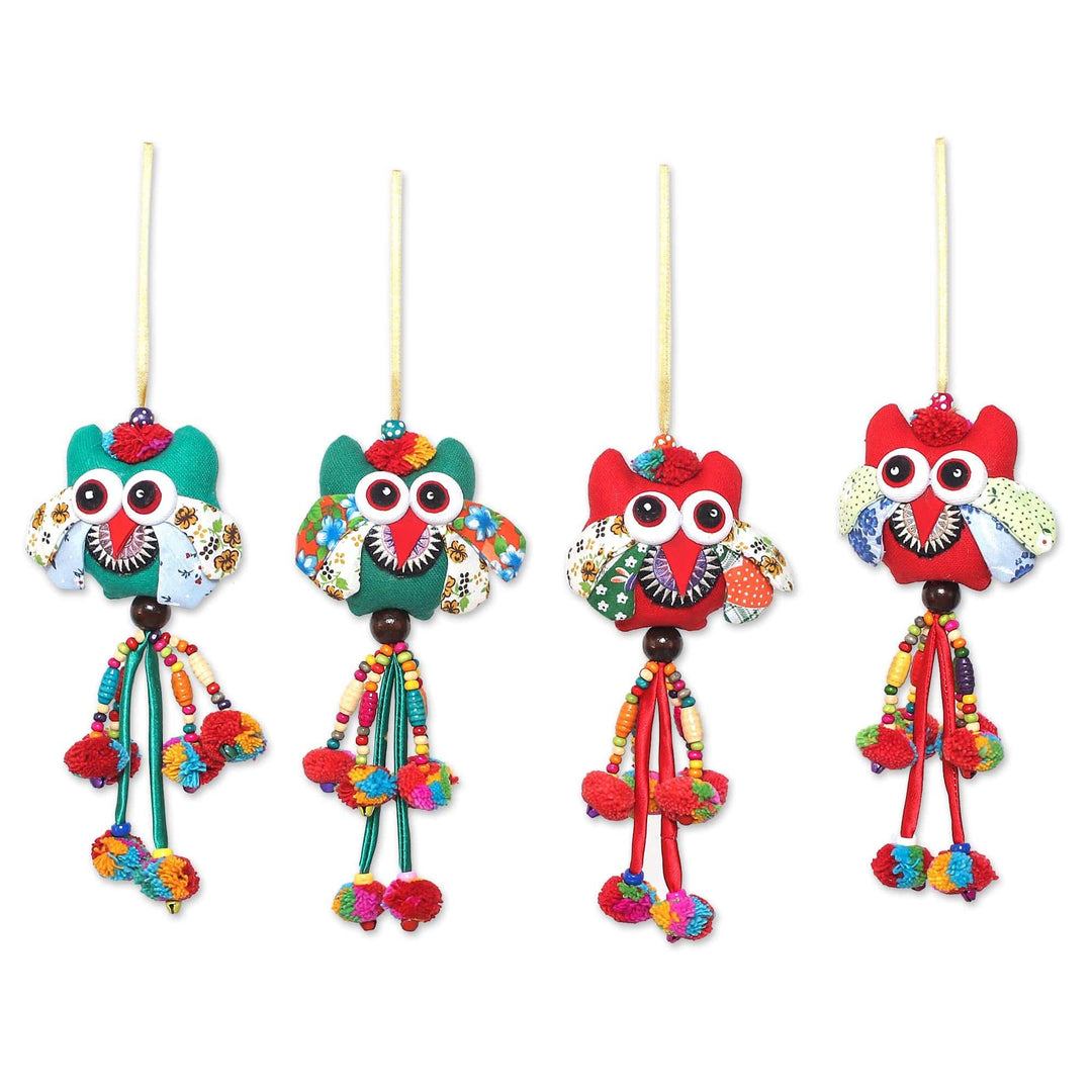 Cotton Blend Owl Ornaments in Green and Red (Set of 4) - Owl Delight