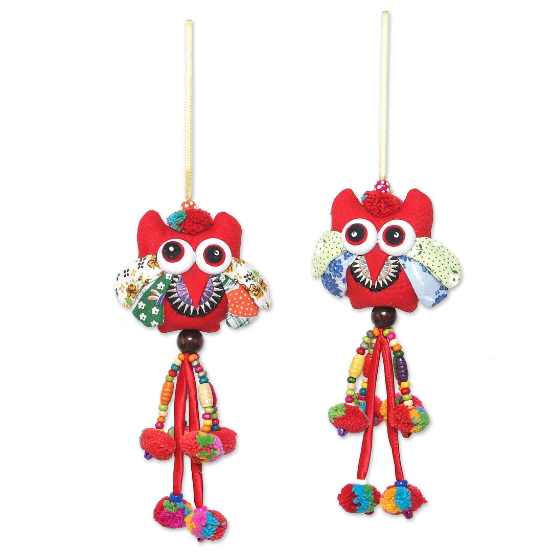 Cotton Blend Owl Ornaments in Green and Red (Set of 4) - Owl Delight