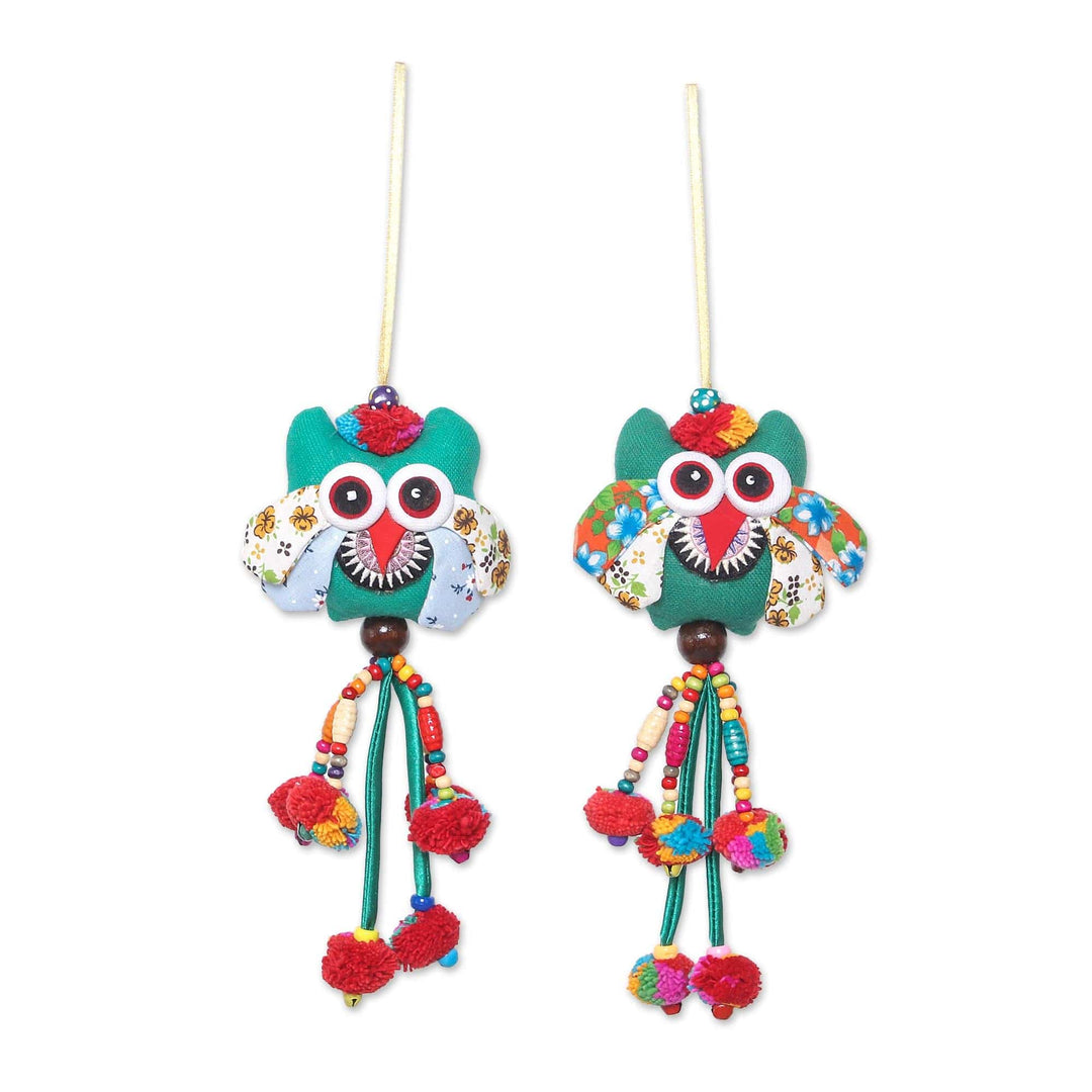 Cotton Blend Owl Ornaments in Green and Red (Set of 4) - Owl Delight