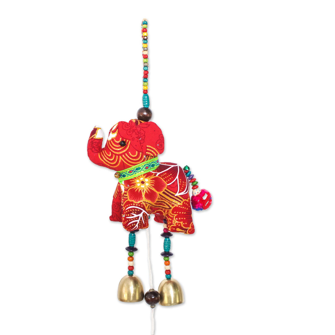 Elephant-Themed Cotton Mobile in Red from Thailand - Elephant Dance in Red