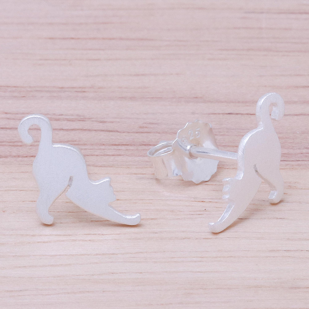 Sterling Silver Cat Stud Earrings from Thailand - Feline Stretch