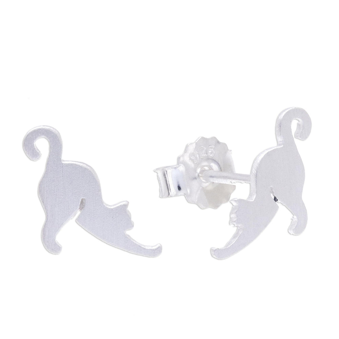 Sterling Silver Cat Stud Earrings from Thailand - Feline Stretch