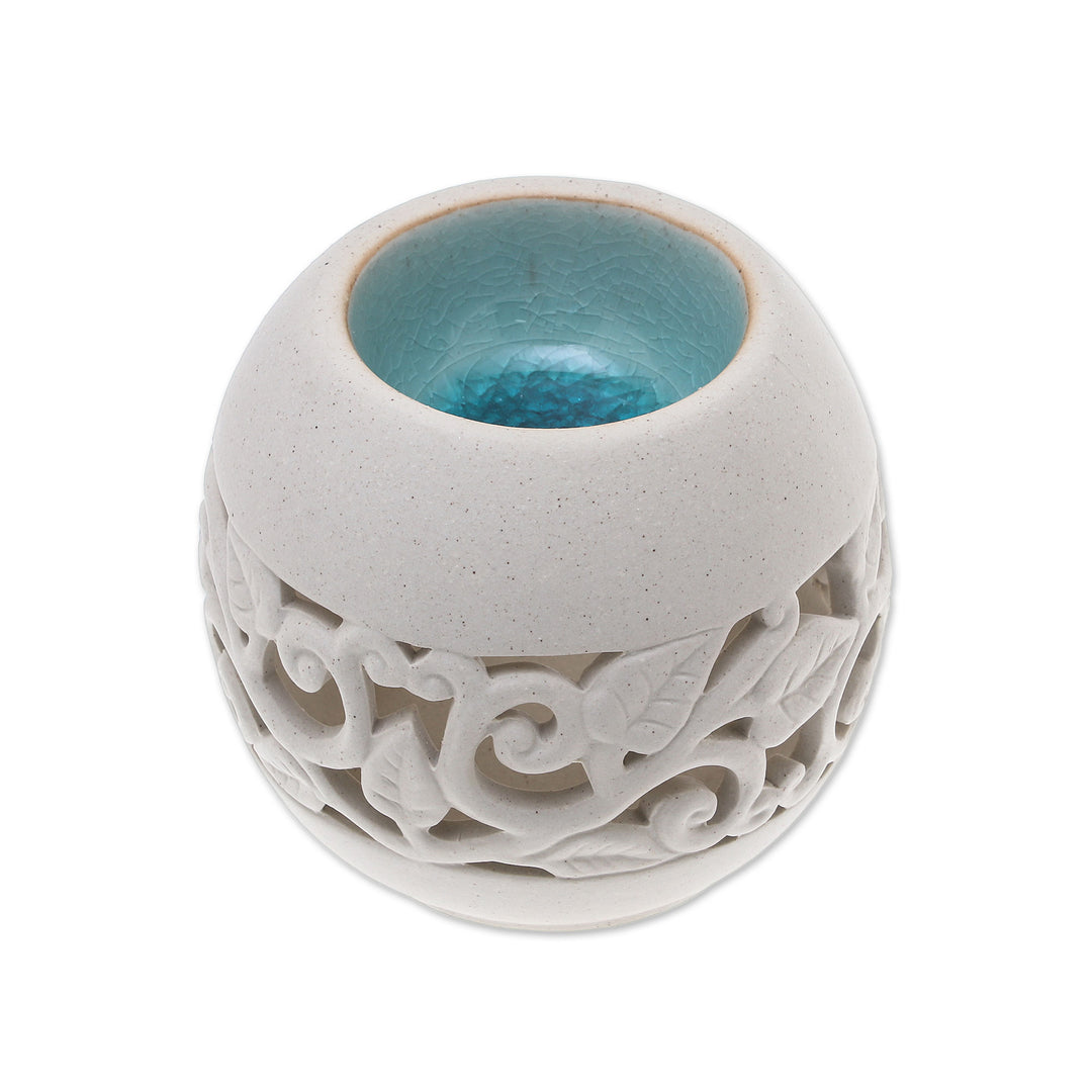 Leaf Motif Ceramic Oil Warmer from Thailand - Charming Ivy in Blue