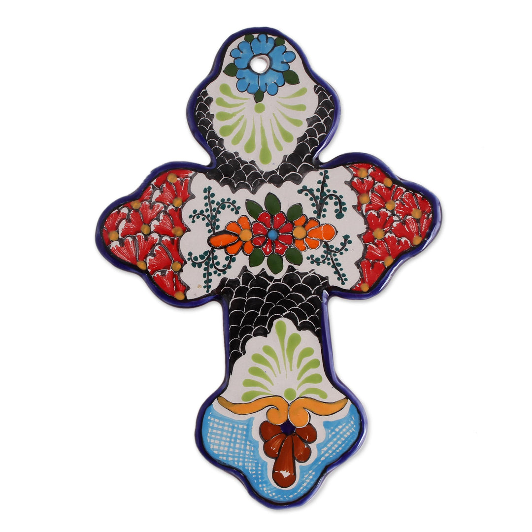 Hand-Painted Floral Talavera Ceramic Wall Cross from Mexico - Faithful Bouquet