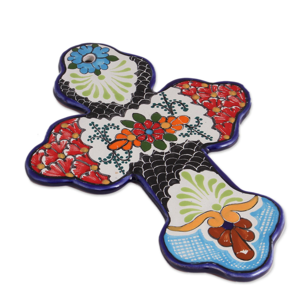 Hand-Painted Floral Talavera Ceramic Wall Cross from Mexico - Faithful Bouquet