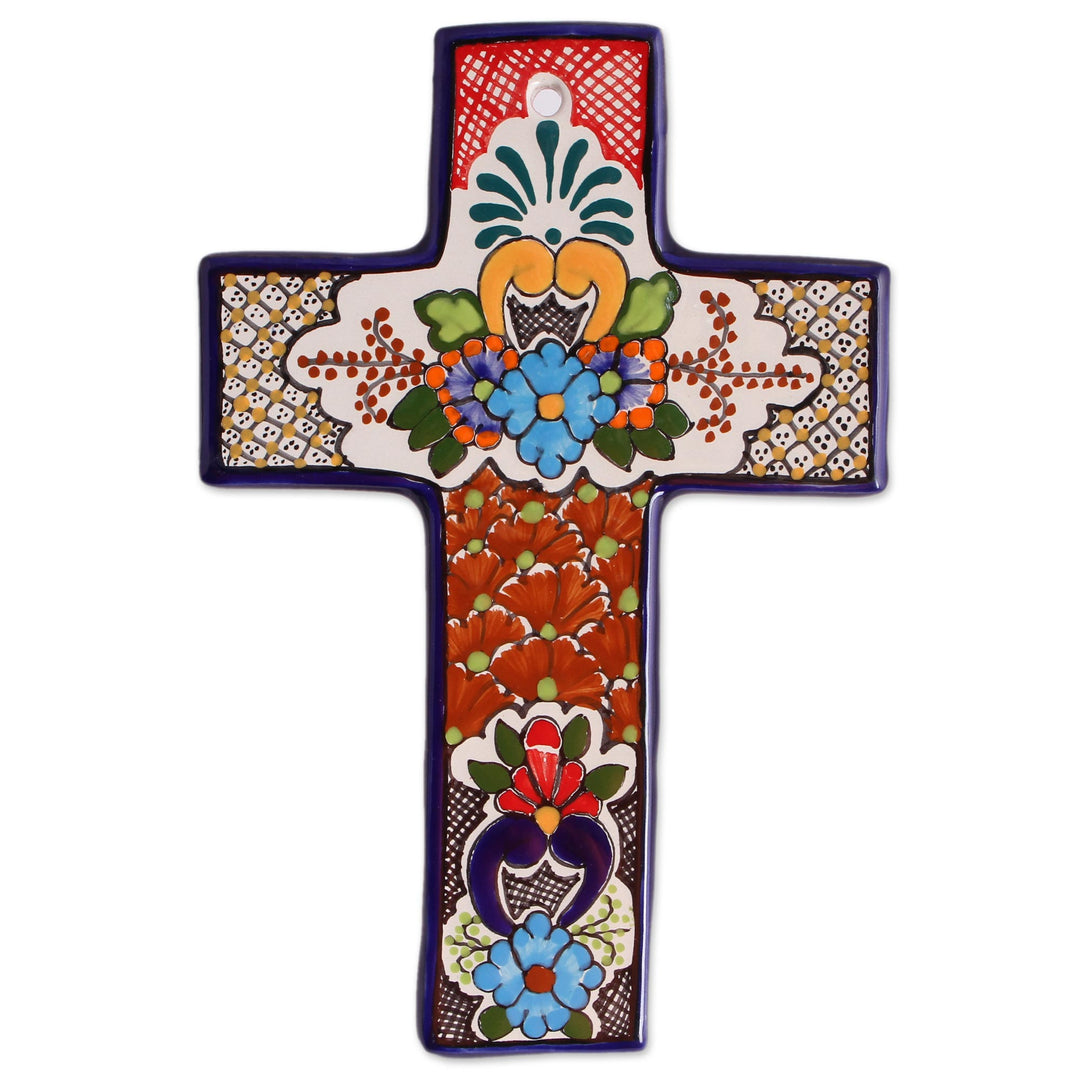 Colorful Talavera-Style Ceramic Wall Cross from Mexico - Talavera Homage