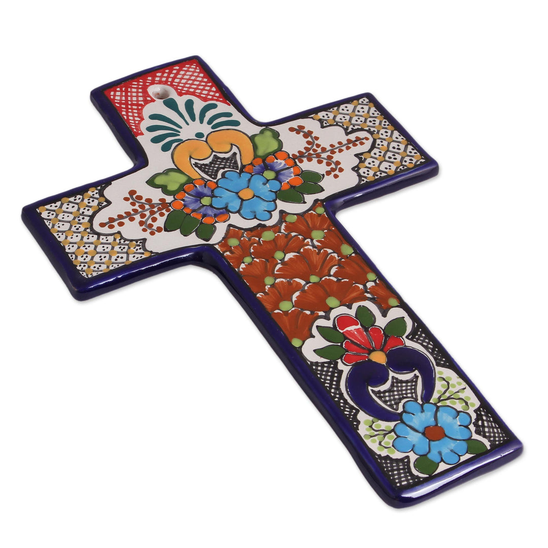 Colorful Talavera-Style Ceramic Wall Cross from Mexico - Talavera Homage