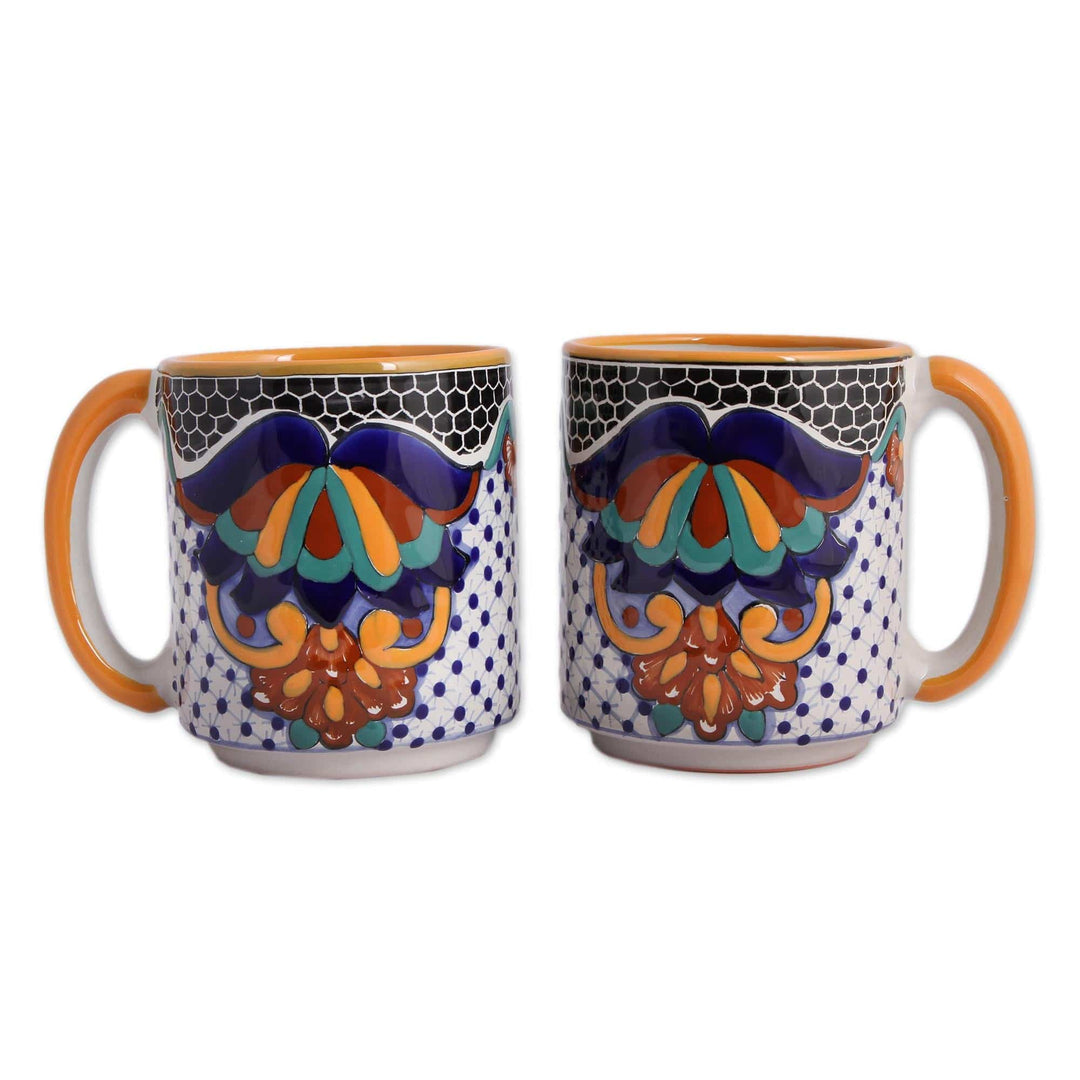 Hand-Painted Ceramic Beer Steins Large from Mexico (Pair) - Zacatlan Flowers