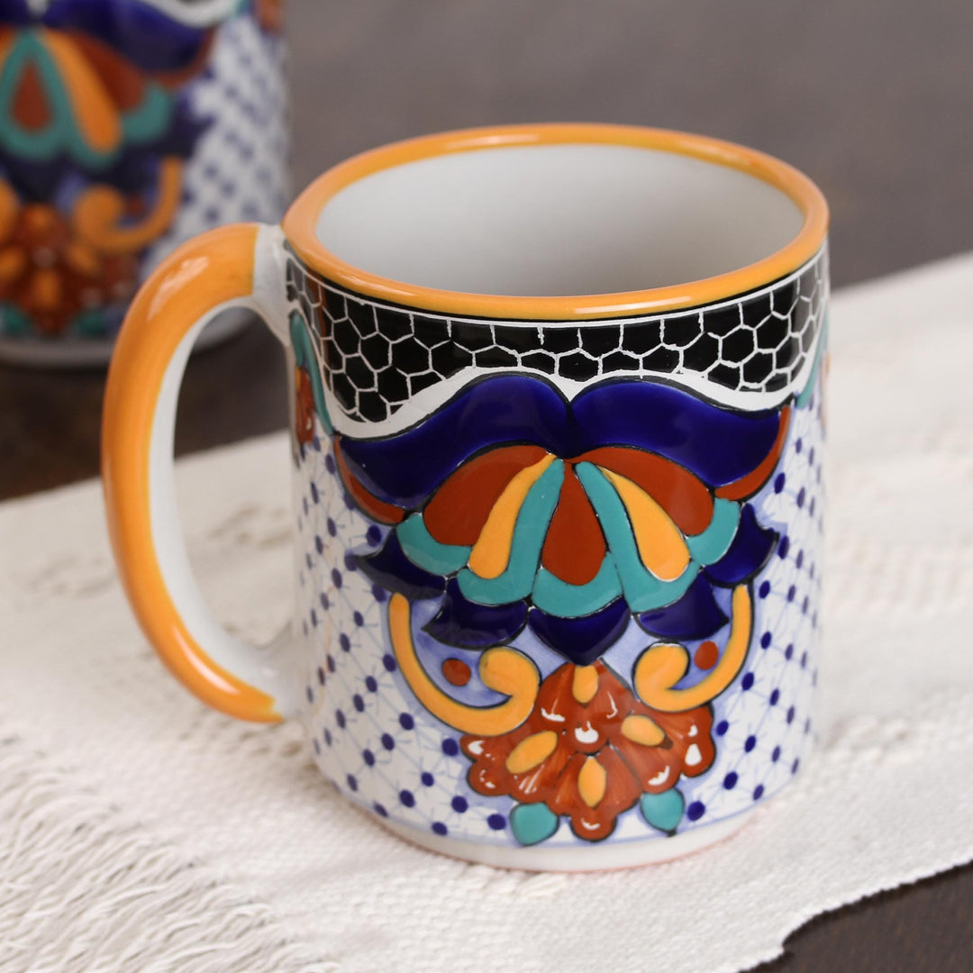 Hand-Painted Ceramic Beer Steins Large from Mexico (Pair) - Zacatlan Flowers