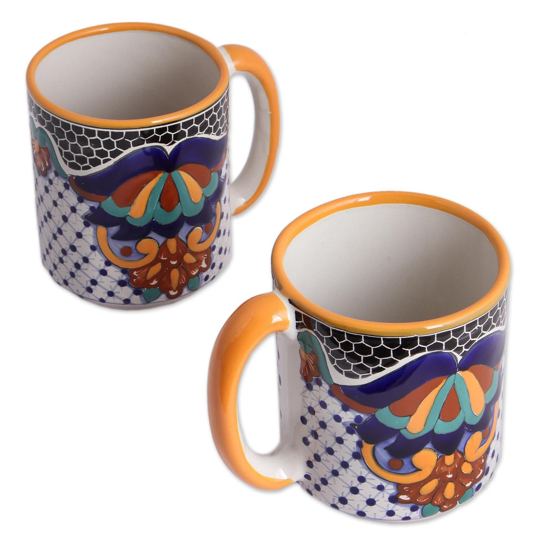 Hand-Painted Ceramic Beer Steins Large from Mexico (Pair) - Zacatlan Flowers