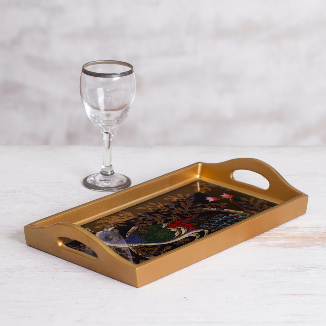 Handcrafted Colorful Peacock Reverse-Painted Glass Tray - Peacock Presentation