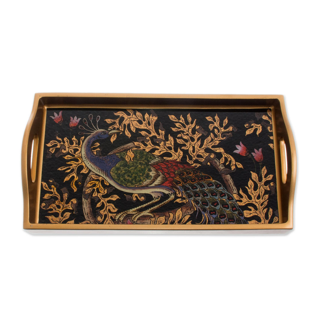 Handcrafted Colorful Peacock Reverse-Painted Glass Tray - Peacock Presentation