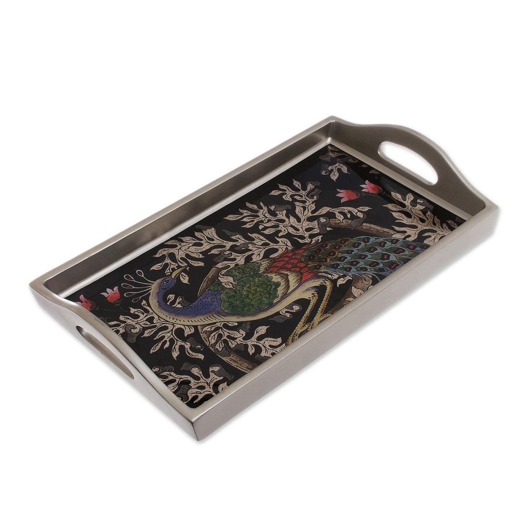 Reverse-Painted Glass Peacock Tray in Silver (12 in.) - Peacock Charm in Silver