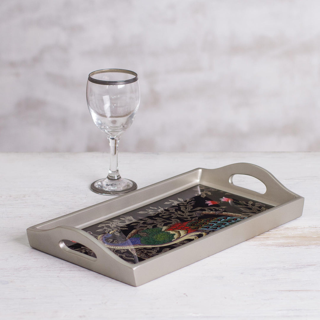 Reverse-Painted Glass Peacock Tray in Silver (12 in.) - Peacock Charm in Silver