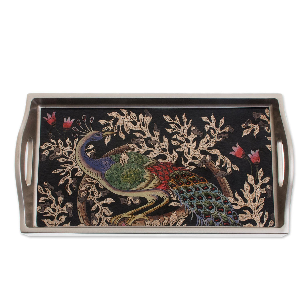 Reverse-Painted Glass Peacock Tray in Silver (12 in.) - Peacock Charm in Silver