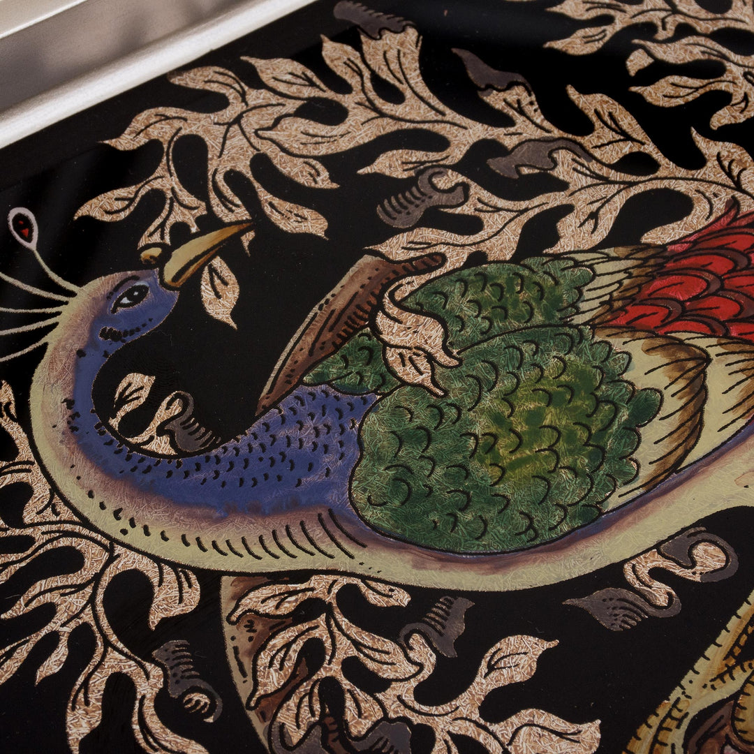 Reverse-Painted Glass Peacock Tray in Silver (12 in.) - Peacock Charm in Silver