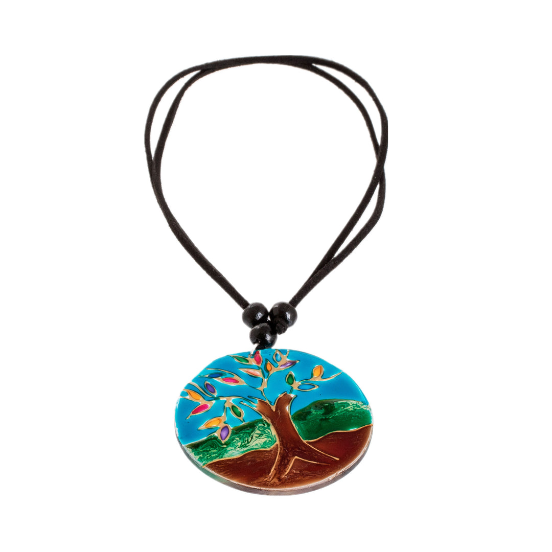 Tree-Themed Glass Pendant Necklace in Blue from Costa Rica - Tree of Life at Night