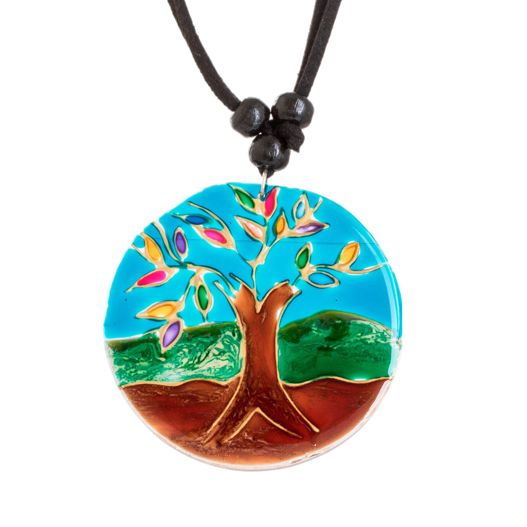 Tree-Themed Glass Pendant Necklace in Blue from Costa Rica - Tree of Life at Night