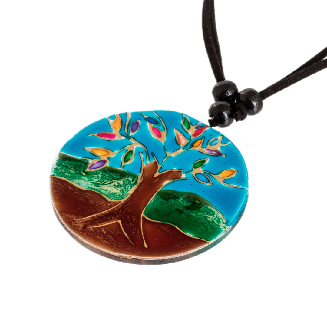 Tree-Themed Glass Pendant Necklace in Blue from Costa Rica - Tree of Life at Night
