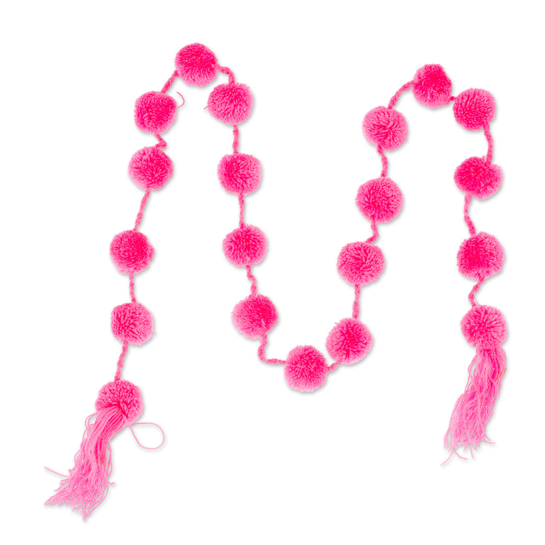 Carnation Pink Cotton Pompom Handcrafted Garland from Mexico - Festive Joy in Pink