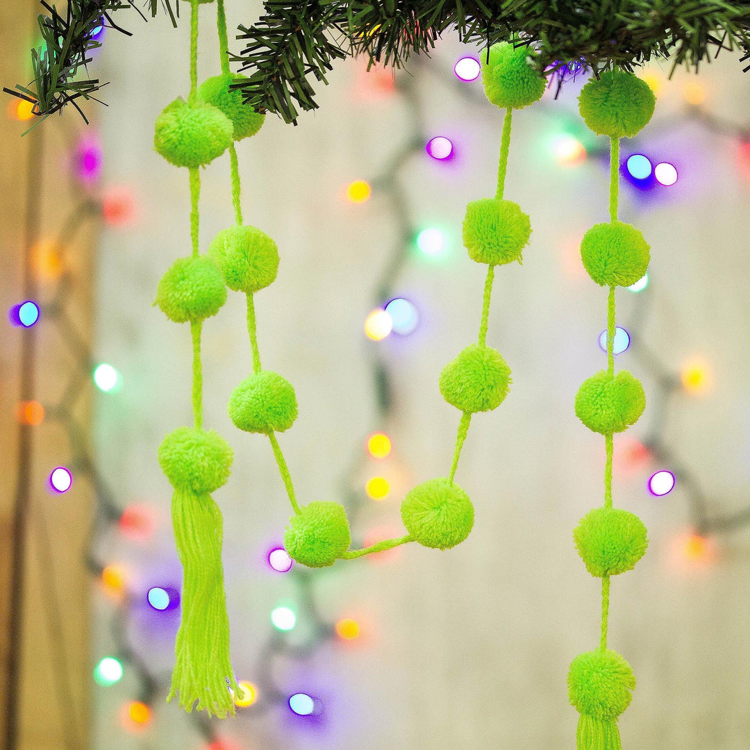 Apple Green Cotton Pompom Handcrafted Garland from Mexico - Festive Joy in Apple Green