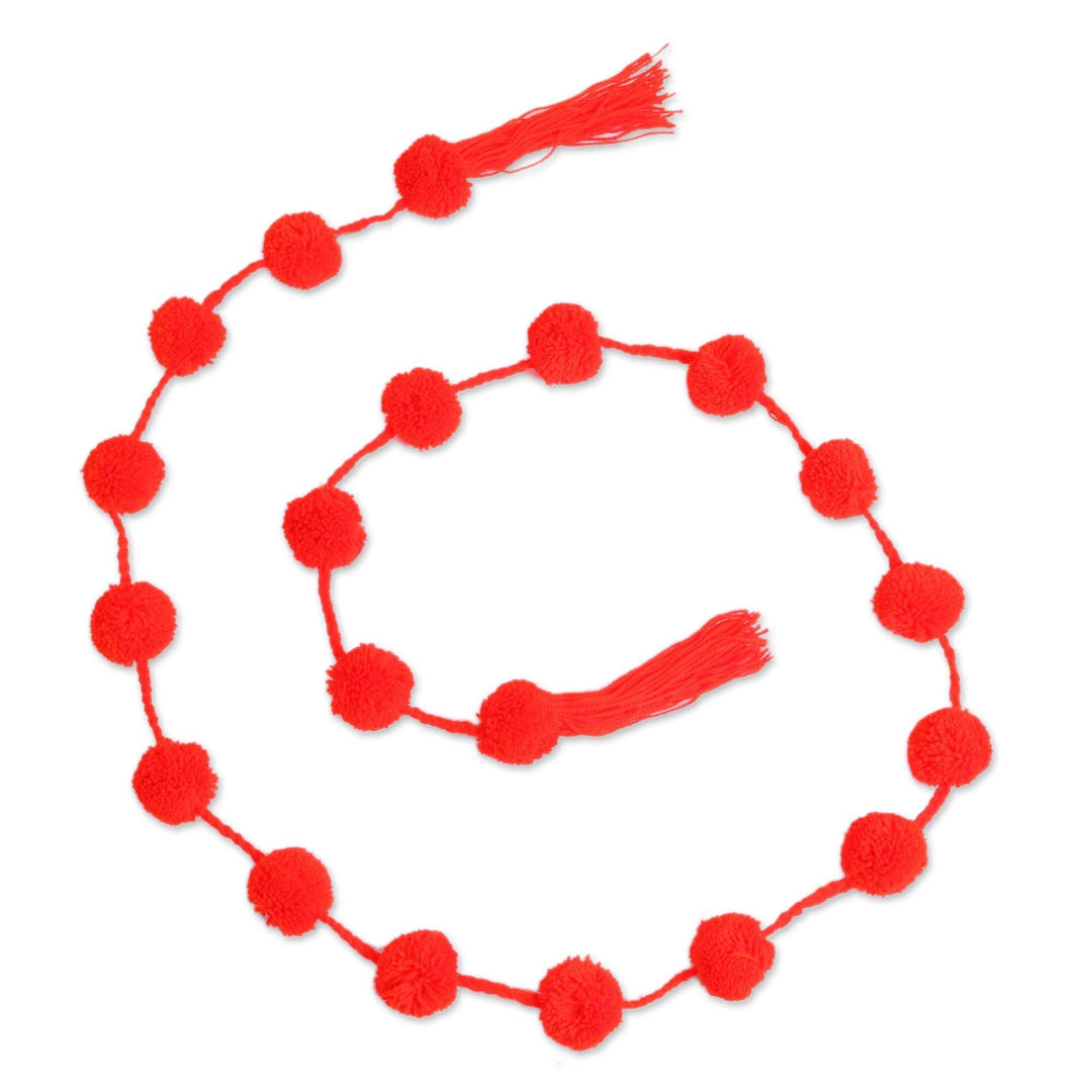 Vivid Red Cotton Pompom Handcrafted Garland from Mexico - Festive Joy in Candy Apple Red