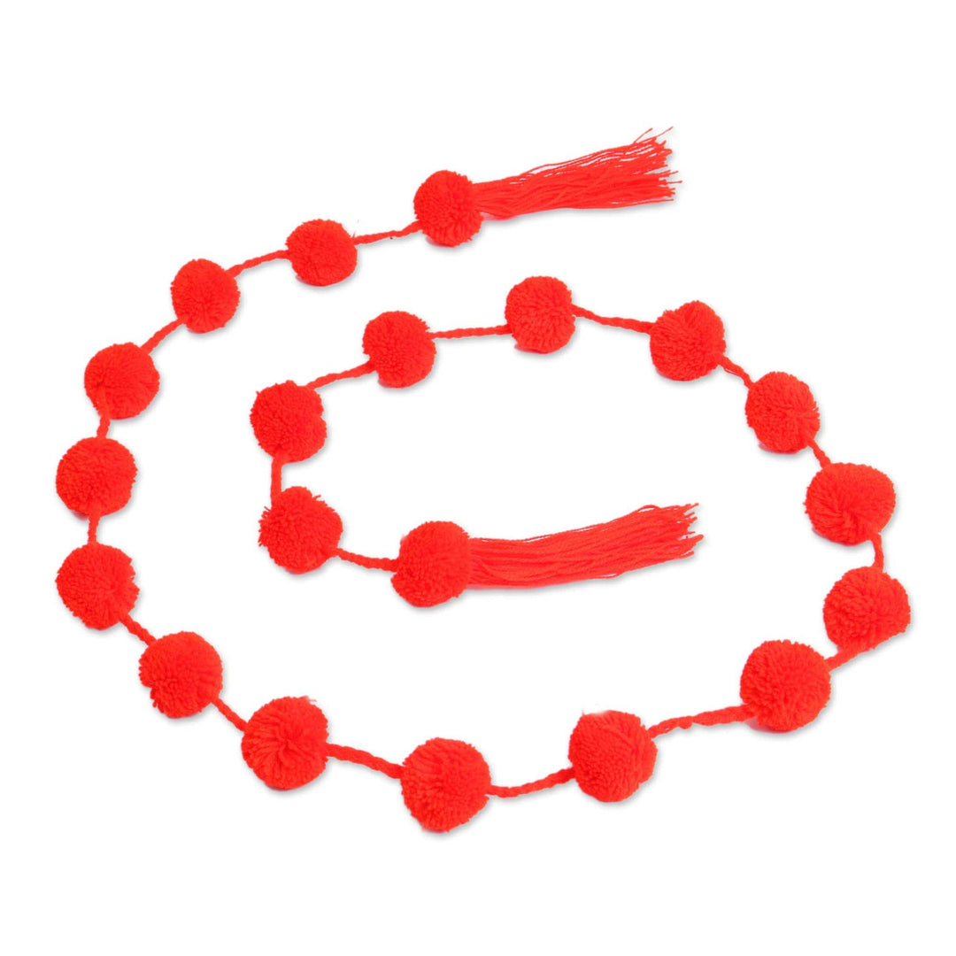 Vivid Red Cotton Pompom Handcrafted Garland from Mexico - Festive Joy in Candy Apple Red