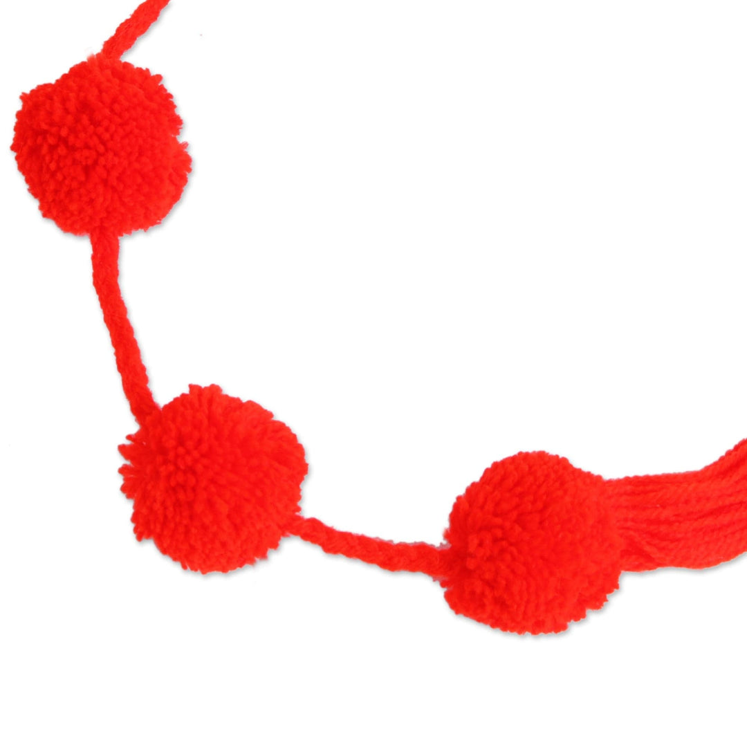 Vivid Red Cotton Pompom Handcrafted Garland from Mexico - Festive Joy in Candy Apple Red