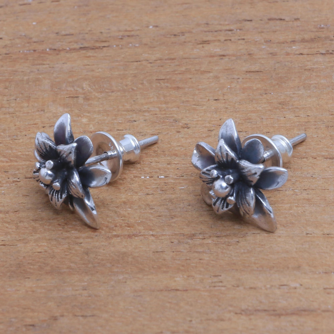 Sterling Silver Lotus Flower Stud Earrings from Bali - Dreamy Lotus