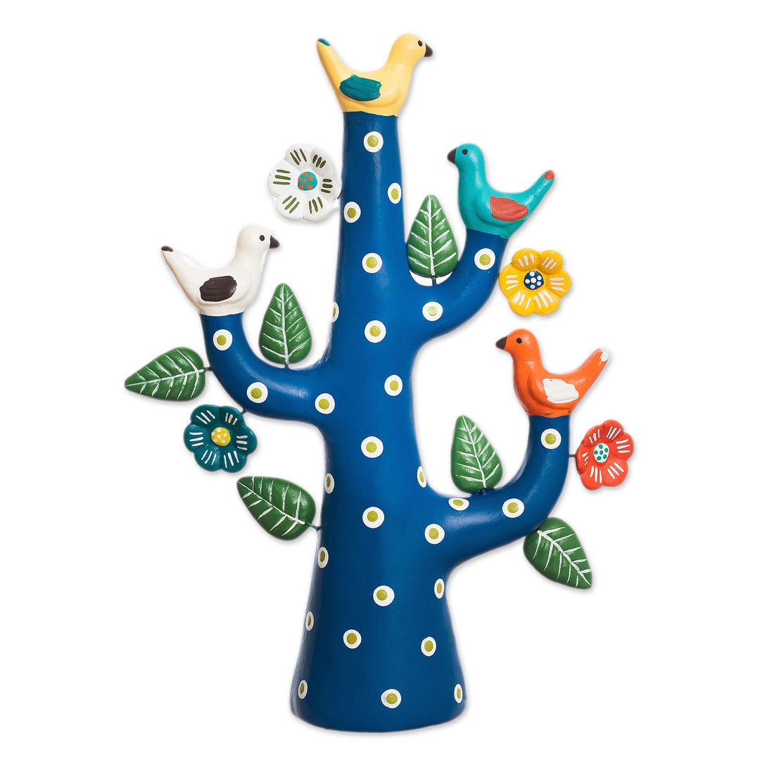 Hand-Painted Ceramic Dove Tree Sculpture in Blue from Peru - Blue Tree of Doves