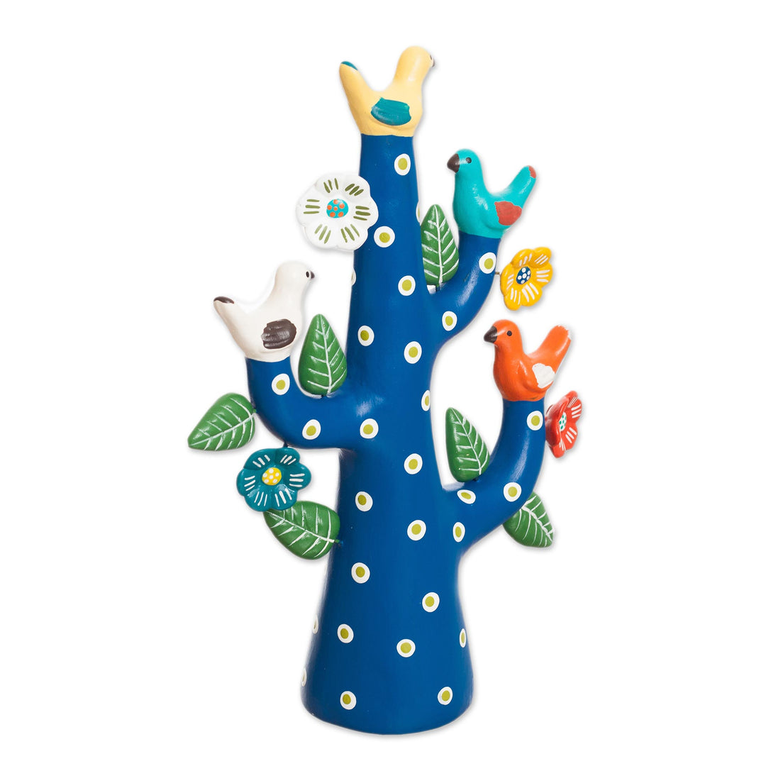 Hand-Painted Ceramic Dove Tree Sculpture in Blue from Peru - Blue Tree of Doves