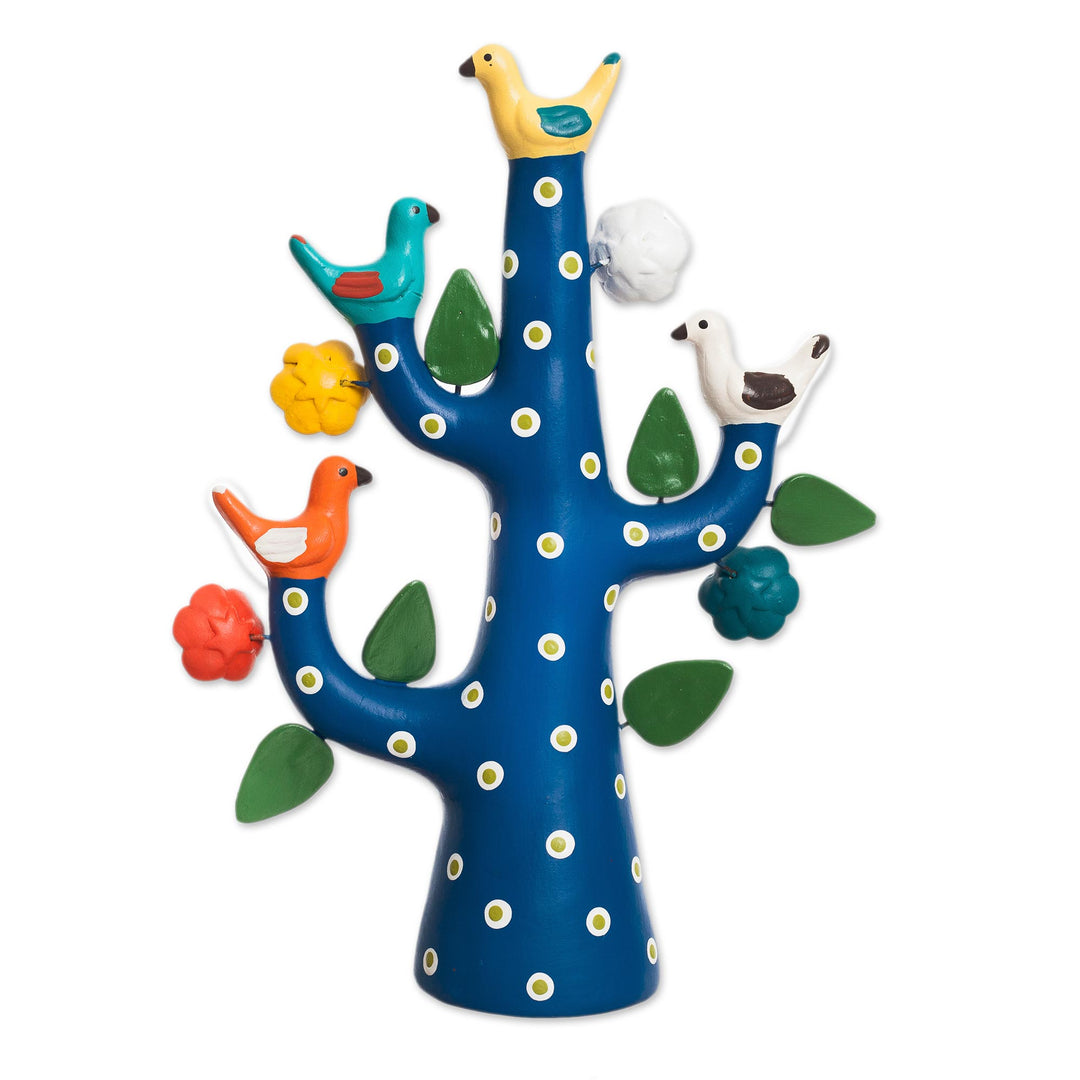 Hand-Painted Ceramic Dove Tree Sculpture in Blue from Peru - Blue Tree of Doves