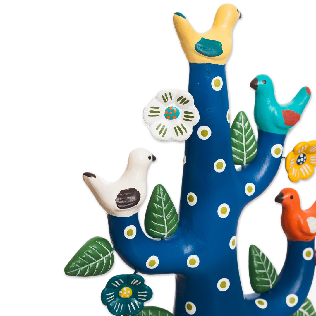 Hand-Painted Ceramic Dove Tree Sculpture in Blue from Peru - Blue Tree of Doves