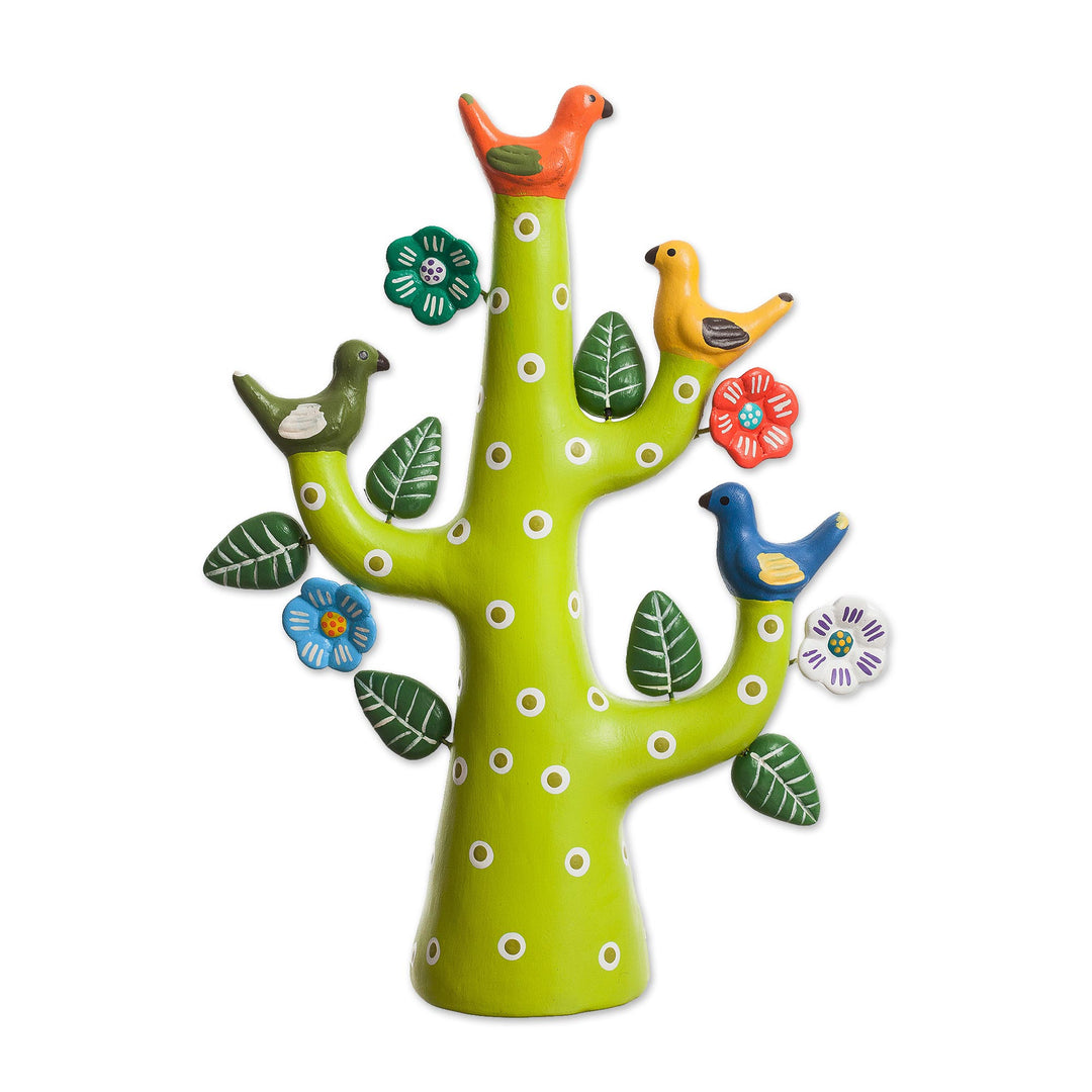 Hand-Painted Ceramic Dove Tree Sculpture in Green from Peru - Green Tree of Doves