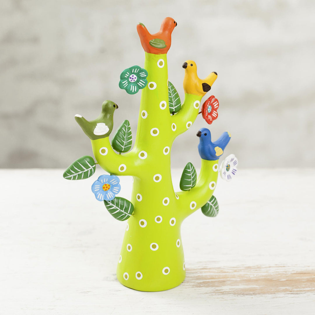 Hand-Painted Ceramic Dove Tree Sculpture in Green from Peru - Green Tree of Doves