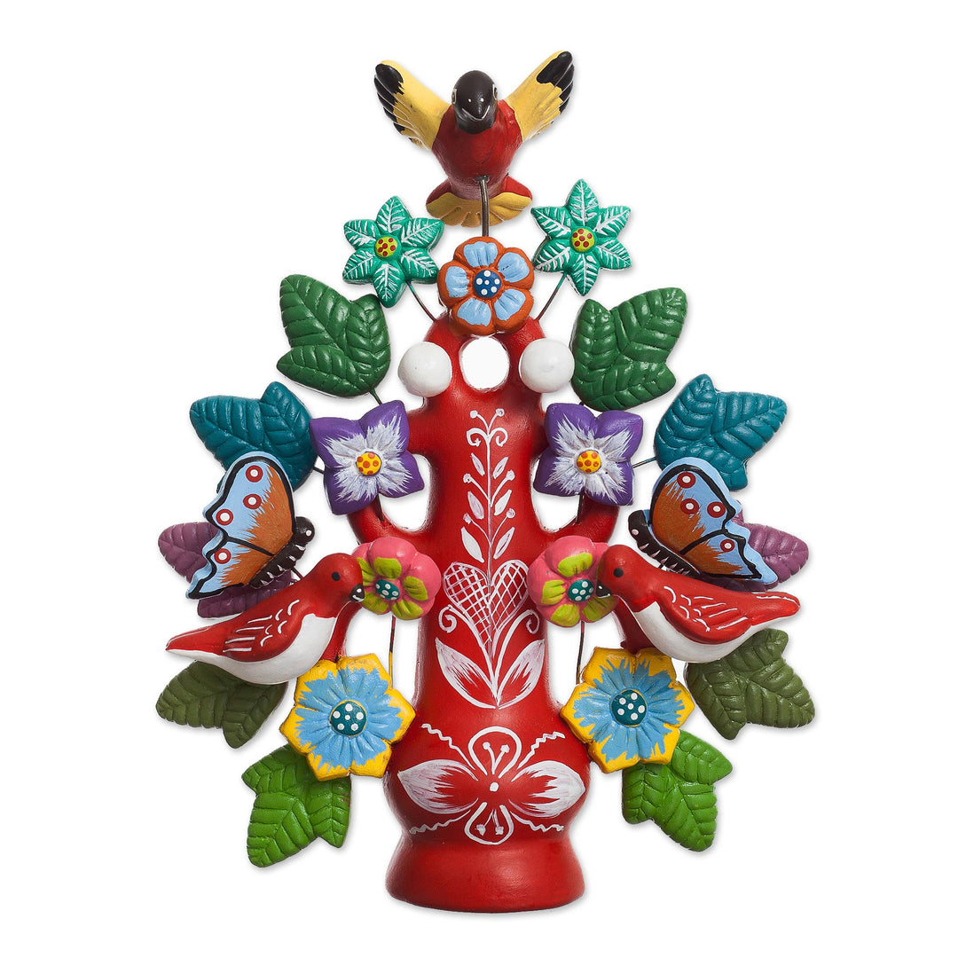 Hand-Painted Floral Ceramic Dove Tree Sculpture in Red - Majestic Tree in Red