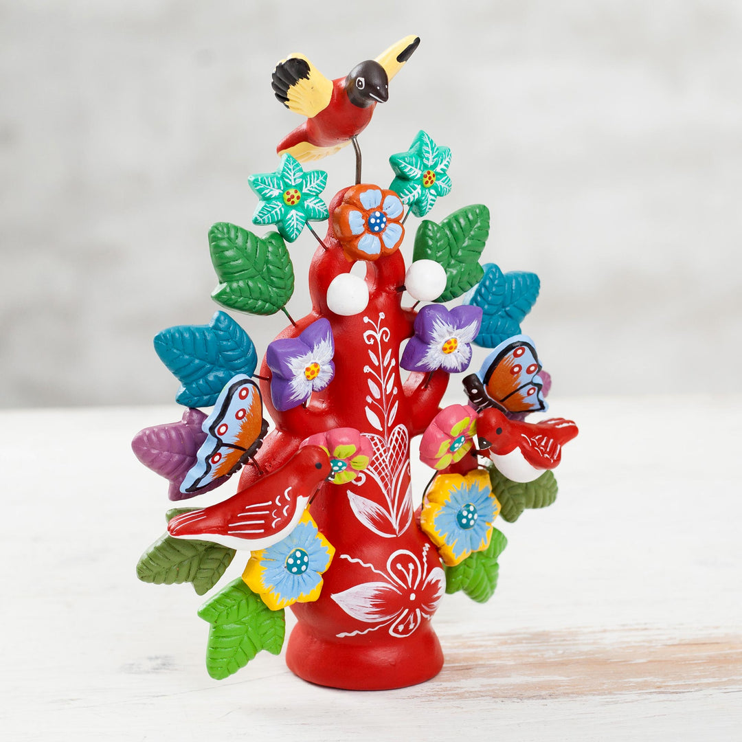 Hand-Painted Floral Ceramic Dove Tree Sculpture in Red - Majestic Tree in Red