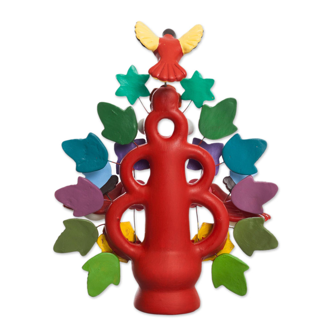 Hand-Painted Floral Ceramic Dove Tree Sculpture in Red - Majestic Tree in Red