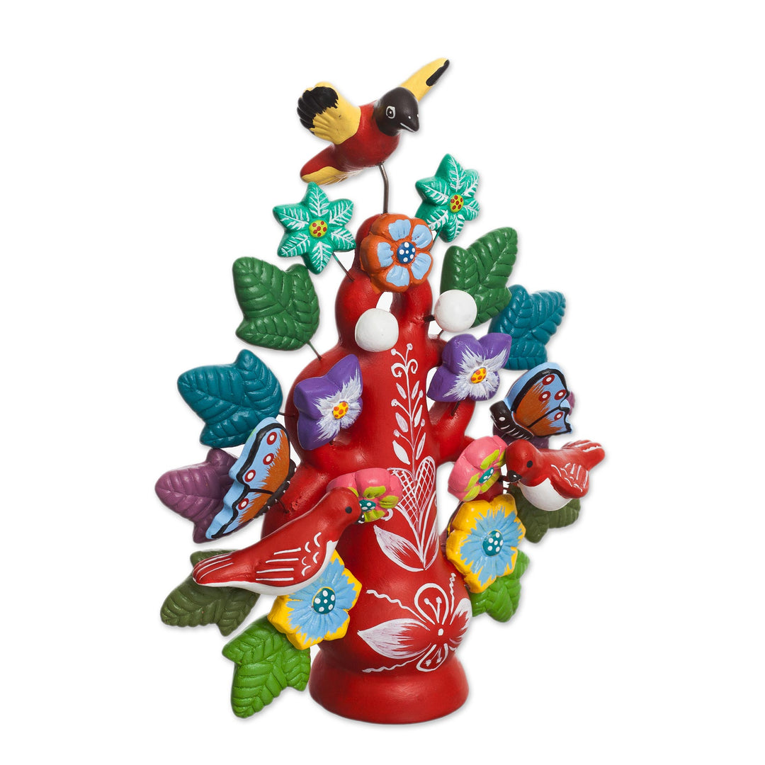 Hand-Painted Floral Ceramic Dove Tree Sculpture in Red - Majestic Tree in Red
